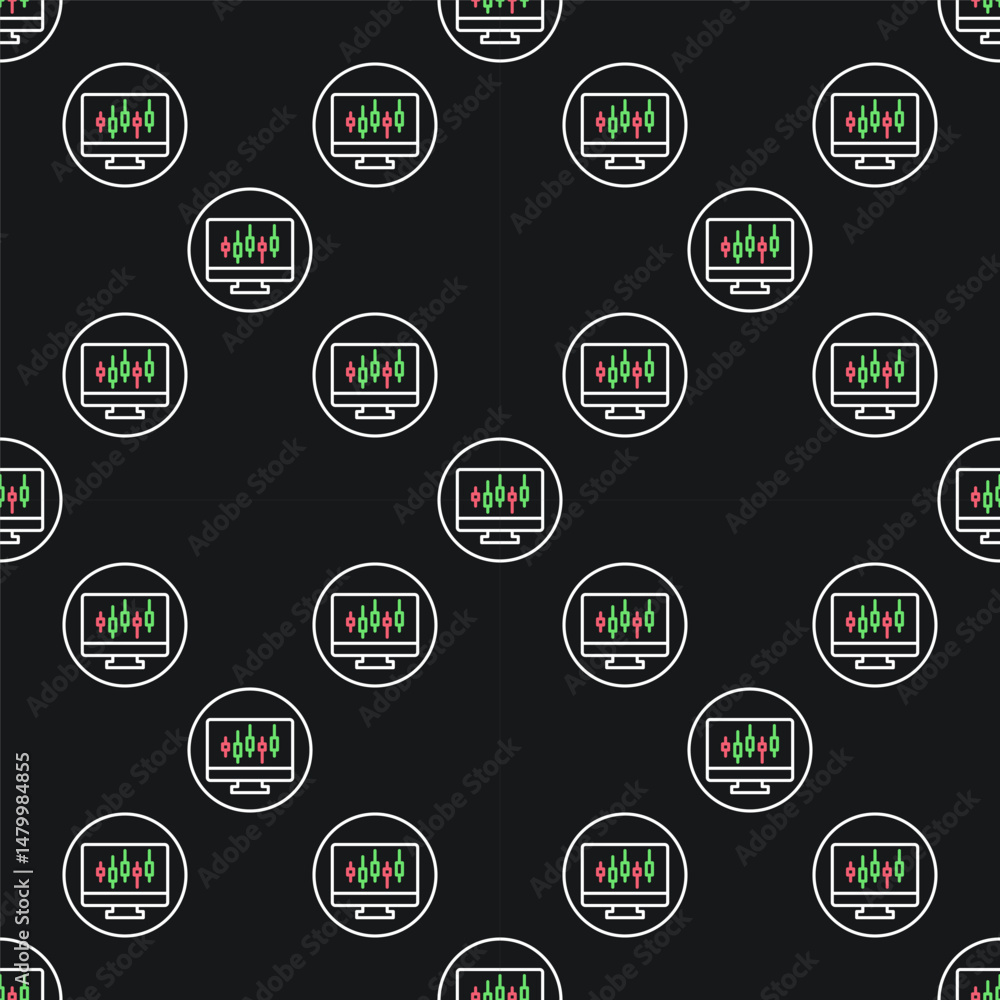 Poster candlestick chart on pc screen vector trading circle shaped seamless pattern in thin line style