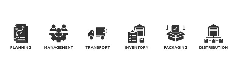 Logistics banner web icon vector illustration concept with icon of planning, management, transport, inventory, packaging, and distribution