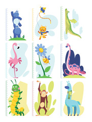 Height measure with growth rulers chart and cute cartoon animals. Funny kids meter, wall scale to measure growth. Children room wall stickers as interior decor