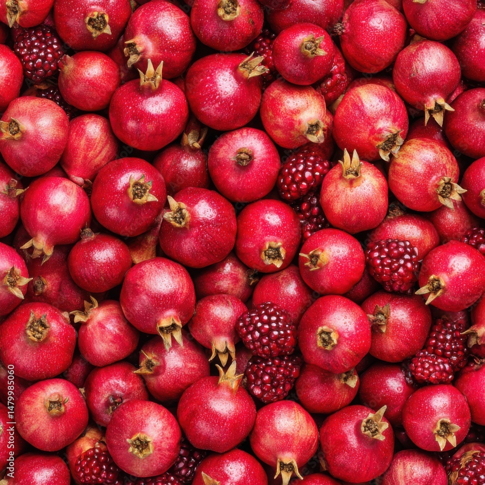 Poster overhead shot of fresh pomegranates and seeds arranged as background pattern food photography studio