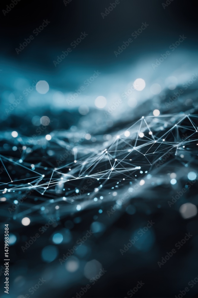 Poster abstract network connecting points in blue tones, futuristic technology background, low angle, bokeh