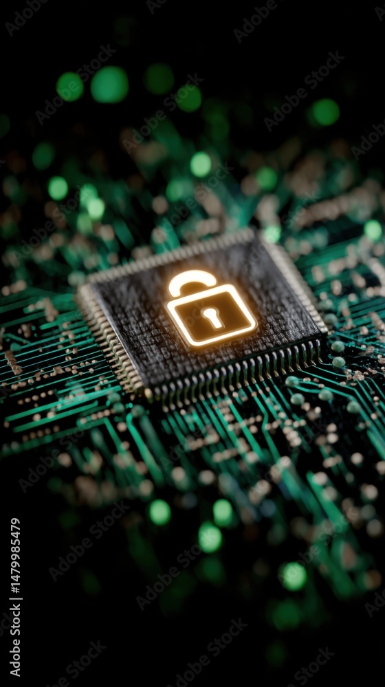 Fototapete Glowing Padlock on Microchip Illustrating Cyber Security and Data Protection in Technology Close Up