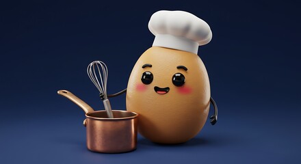 Cute egg chef character with chef's hat and cooking pot