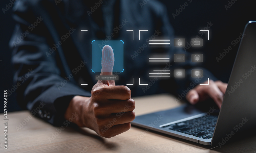 Poster a person uses biometric fingerprint authentication on a laptop, highlighting digital security and id