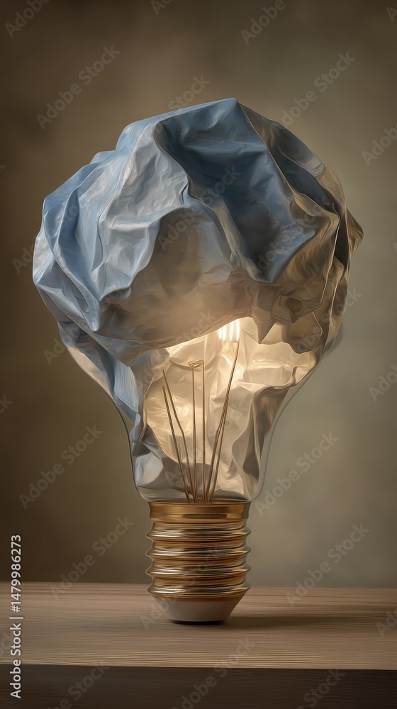 Poster conceptual lightbulb with crumpled paper shade on wooden surface, studio shot, creative idea, innova
