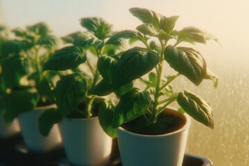 Obraz premium Potted basil plants in sunlight growing on windowsill