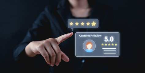 A person interacts with a virtual five-star customer review rating, highlighting positive feedback and user satisfaction.