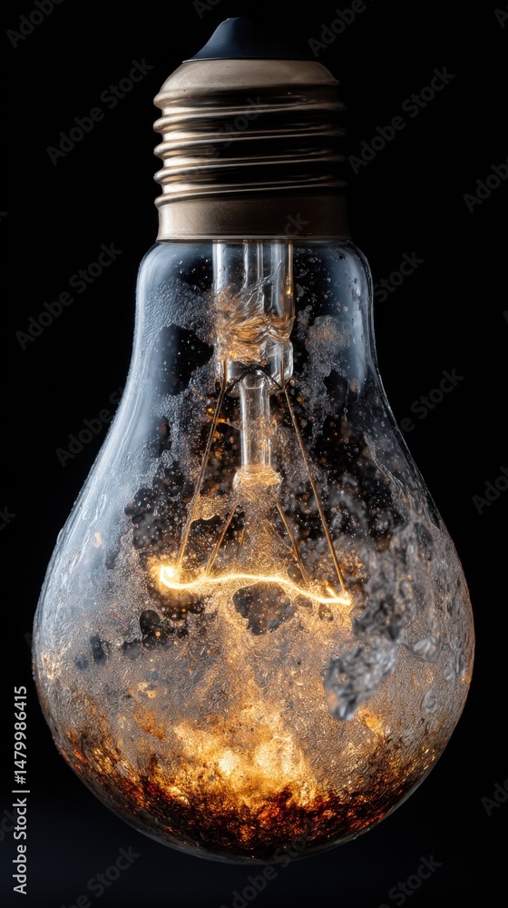 Poster illuminated light bulb with water droplets and condensation on glass surface against black backgroun