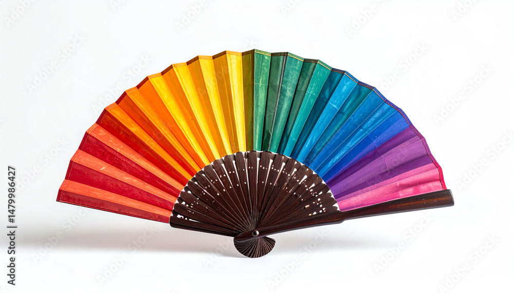 Poster a vibrant, multicolored folding fan with a wooden handle, showcasing an array of colors from red to 