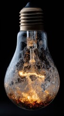 Illuminated light bulb with water droplets and condensation on glass surface against black background macro shot