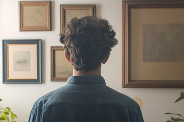 Woman at art gallery, admiring paintings on the wall.