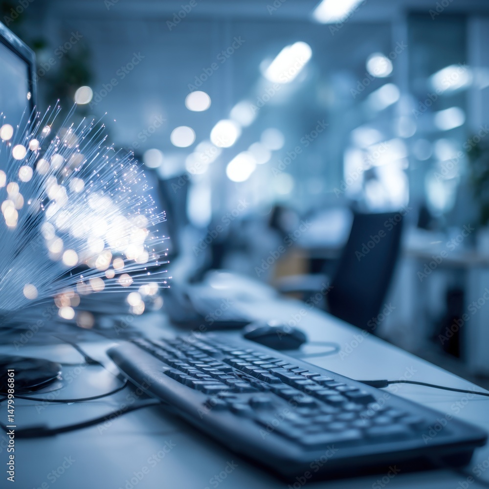Poster Fiber Optics Displayed on Desk in Office Environment Showing Technology and Connectivity in a Modern Setting
