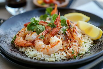 a plate of prawn briyani with served with lemon