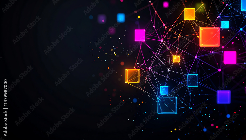Poster vibrant geometric shapes and lines create a dynamic, colorful abstract design against a dark backgro