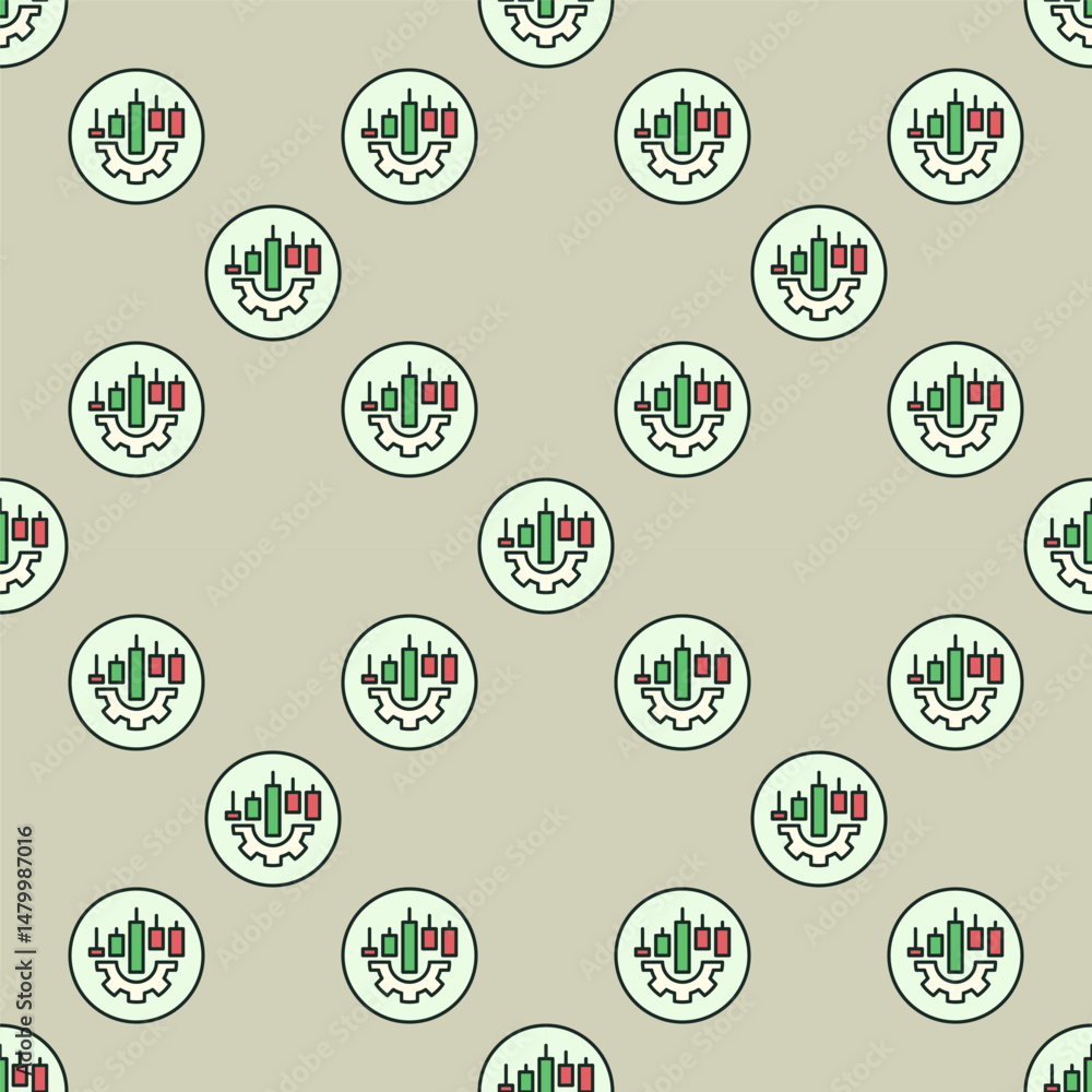 Poster candlestick chart on cog wheel vector colored round seamless pattern