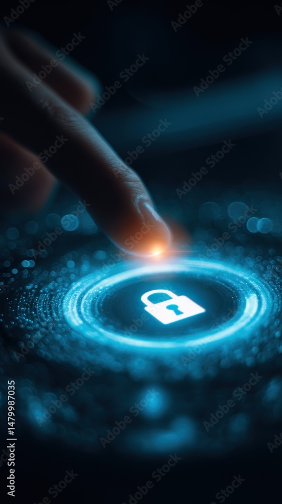Aufkleber Finger presses glowing padlock icon on digital interface for security concept close up shot