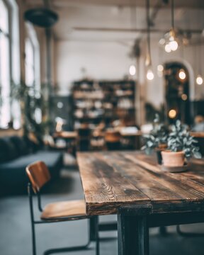 Rustic wooden table in a blurred cafe setting, cozy interior design with plants and soft lighting, eye-level shot