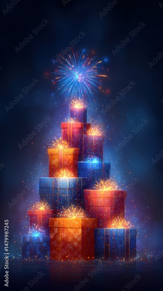 Poster festive holiday gift boxes stacked in tree shape with fireworks display celebration vertical