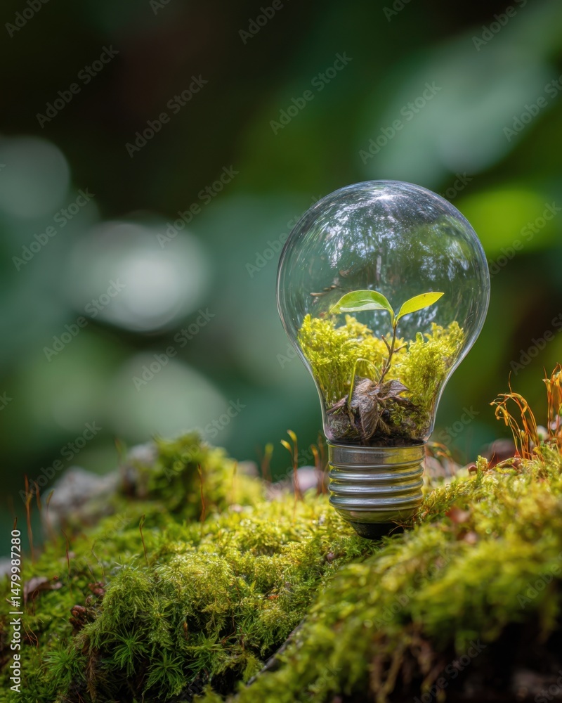 Aufkleber Lightbulb filled with moss and plant seedling on mossy log in forest setting concept of green energy and sustainability