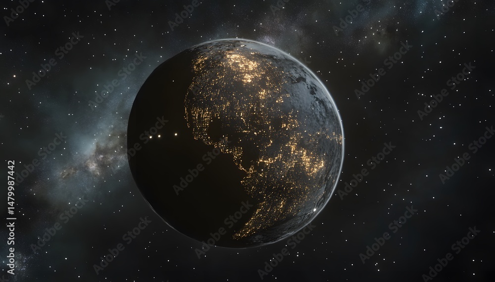 Poster celestial view of a planet with visible city lights.
