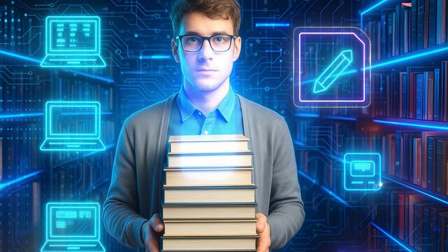Student Holding Stack of Glowing Books Inside Futuristic Digital Library Surrounded by Education and E-Learning Icons

