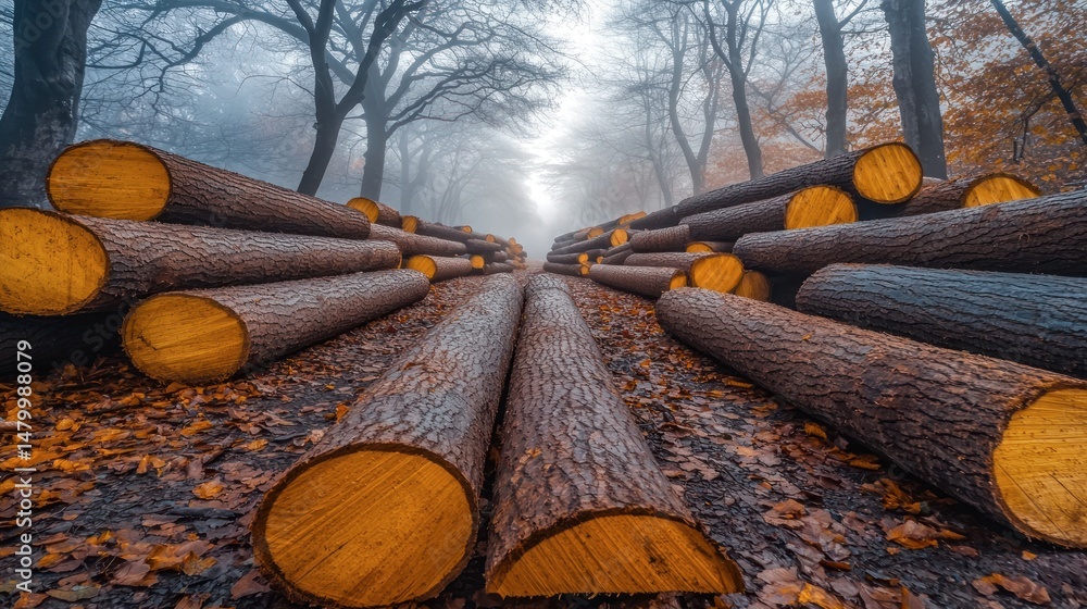 Poster foggy forest path lined with stacked logs.