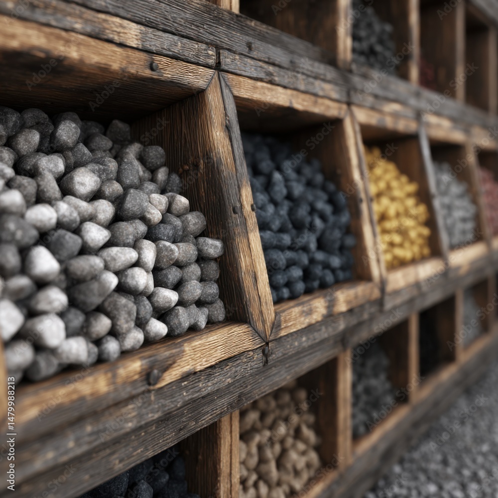 Poster assorted river stones in wooden display case close up angled view colorful pebbles in rustic shelvin
