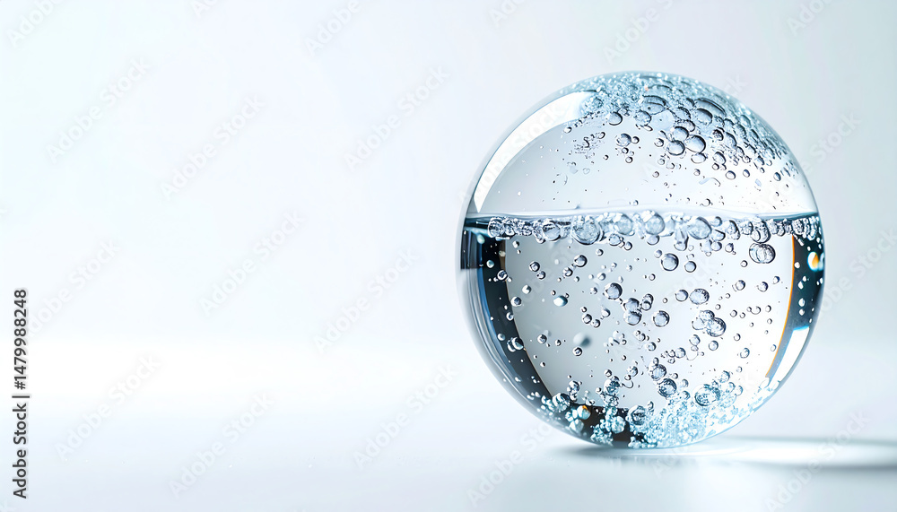 Poster a clear sphere filled with water and bubbles, capturing light and reflections against a soft, minima