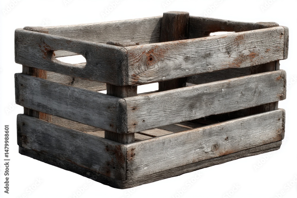 Poster rustic wooden crate isolated on white background in studio shot with weathered texture and vintage c