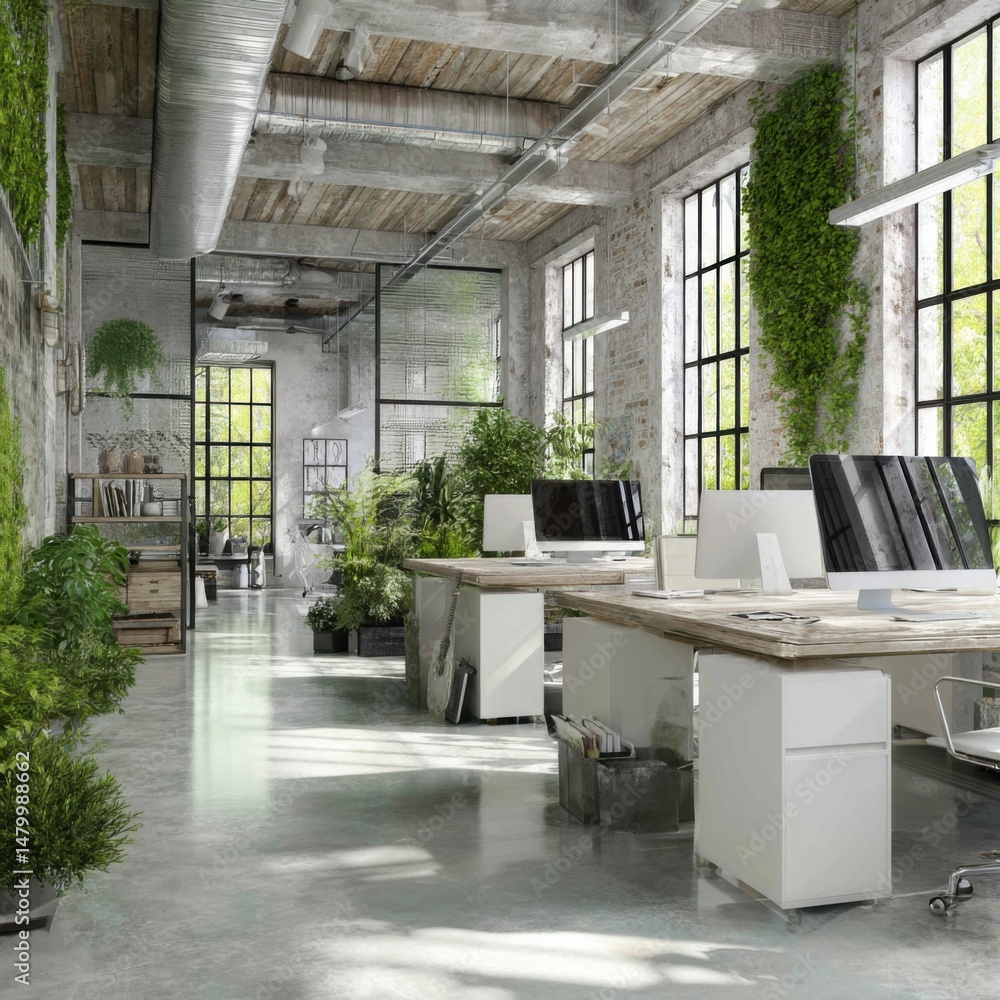 Poster modern office interior with plants and computers in a loft style building showcasing biophilic desig