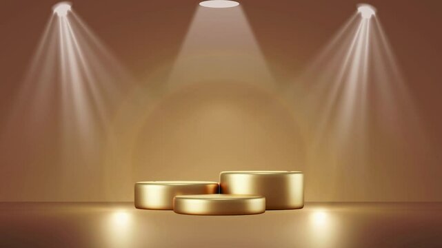 A video animation showcasing products in a brown-gold tone, with overhead lighting and a flickering curved light effect.