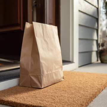 Contactless food delivery concept showing a brown paper bag left at front door on a doormat during daytime close up