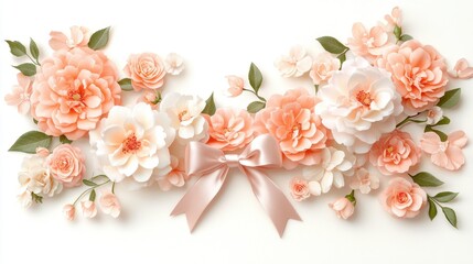 Soft pastel flowers and a satin ribbon bow create an elegant floral arrangement on a white background.