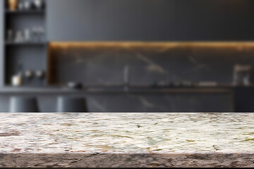 Empty wooden kitchen counter mockup, product display background. Wood table top on marble, blurred interior. Modern style home kitchen, restaurant advertising. Copy space for food, drinks, dishes