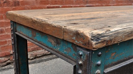 Rustic Wooden Table with Metal Frame Close Up Shot in Studio Setting for Industrial Design Concept