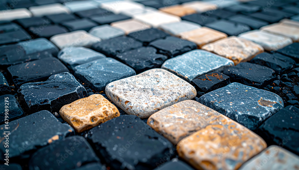 Poster a close-up view of textured cobblestones in various shades, showcasing intricate patterns and colors