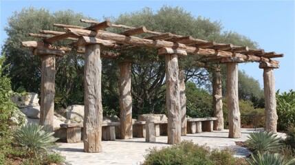 Fototapeta premium Rustic Wooden Pergola with Stone Benches in Garden Setting, Sunny Day, Eye-Level View, Outdoor Structure, Peaceful Scene