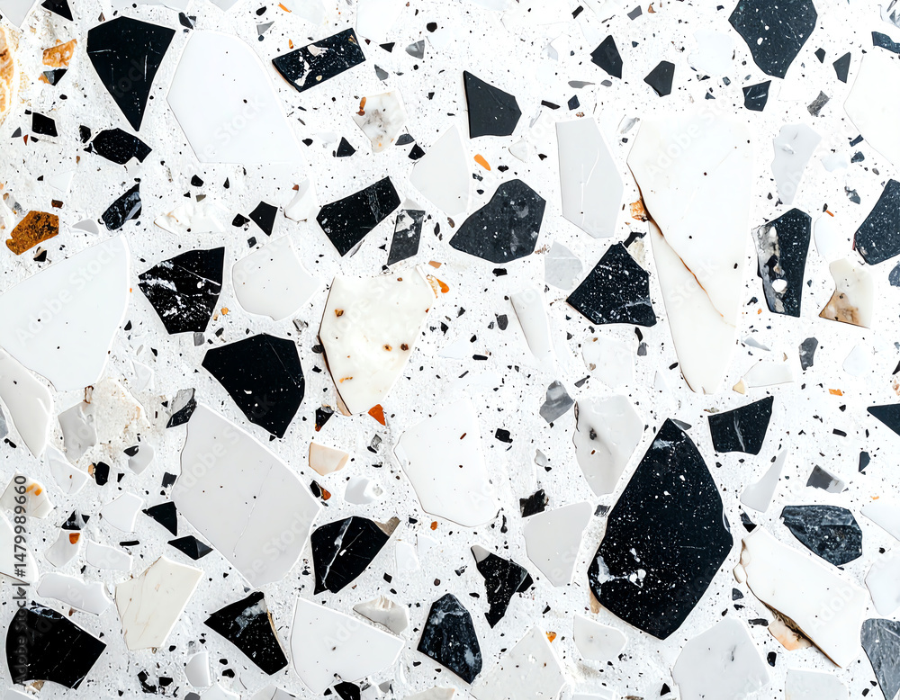 Poster a close-up of a textured surface featuring a mix of black, white, and gray pieces, creating a unique