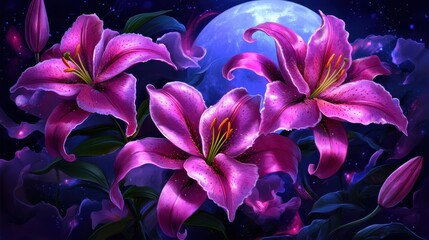 Three vibrant purple lilies bloom under a glowing full moon, surrounded by lush leaves and a starry night sky.