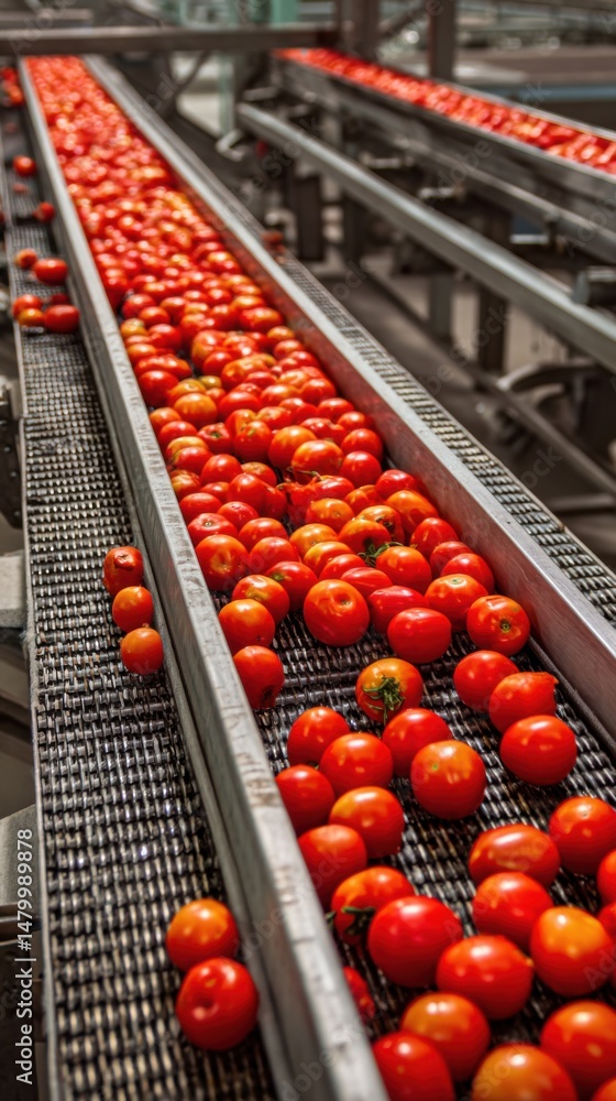 Aufkleber Tomatoes on Conveyor Belts in Food Processing Plant Perspective Shot Showing Automated Sorting and Grading System for Fresh Produce