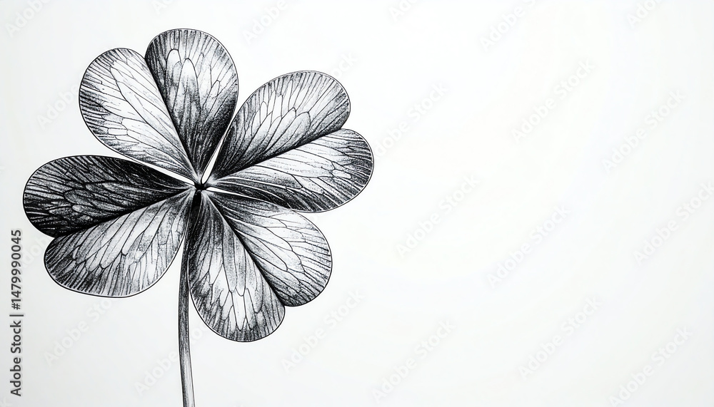 Poster a detailed sketch of a four-leaf clover, showcasing intricate lines and textures against a minimalis