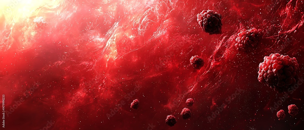 Poster deep space red nebula with celestial bodies floating in vast cosmos
