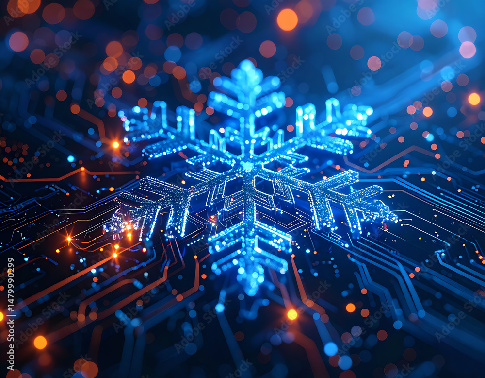 Poster a digital snowflake design glows against a dark background with circuit patterns, merging winter ima