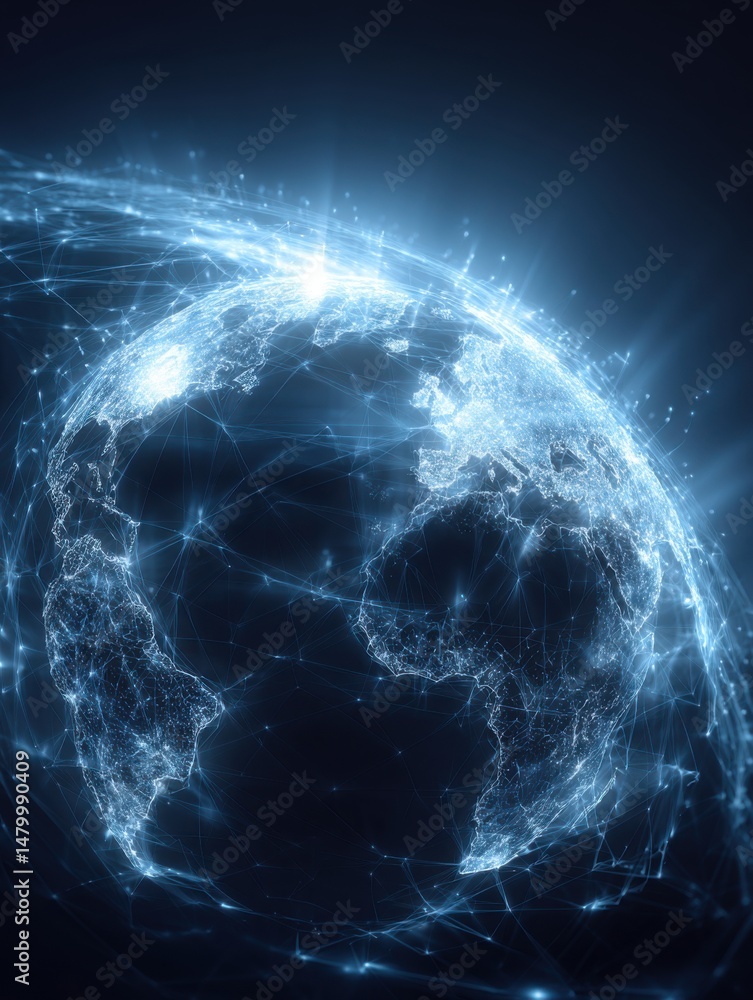Fototapete Global network visualization of Earth with interconnected lines representing data flow and communication in digital age
