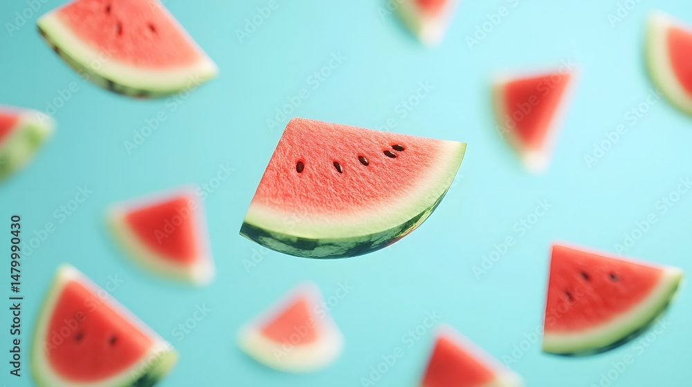 Poster floating watermelon slices in a surreal setting