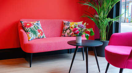 Vibrant pink sofa with floral cushions is set against bold red wall, complemented by small black table and decorative plants, creating lively