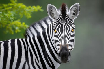 Naklejka premium A close-up of a zebra in the wild showing vivid black and white stripes