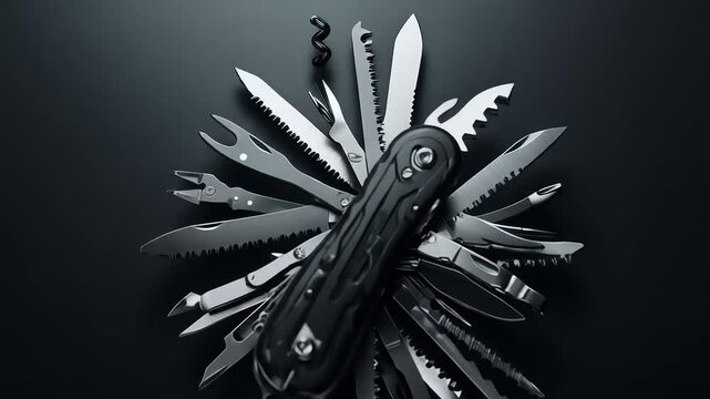 Close-up of a versatile Swiss Army Knife against a dark backdrop highlighting its tools