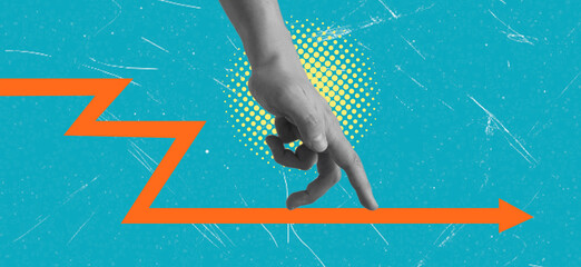 Progressing hand touching a growth chart against a bright turquoise background