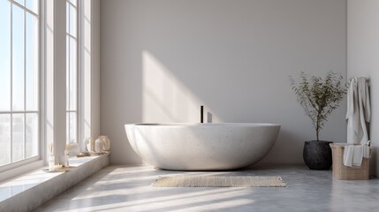 Fototapeta premium Serene Minimalist Bathroom Design: Modern Freestanding Tub, Natural Light, and Tranquil Decor